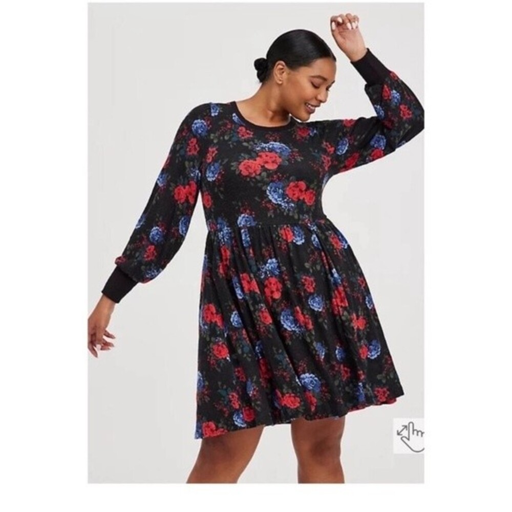 Torrid Black Floral Super Soft Plush Babydoll Dress Size 1X (Size 14-16)